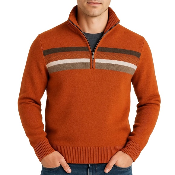 Banana Republic Other - BANANA REPUBLIC Orange Italian Merino Wool Stripe Mock Neck 1/2 Zip Sweater Sz M